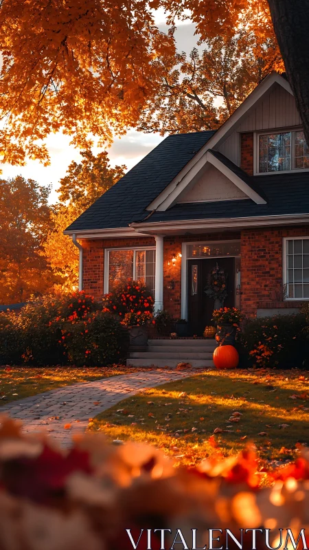 Pumpkin-lit brick cottage basking in golden maple autumn glow.