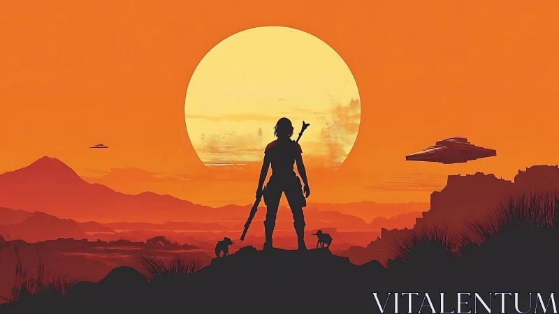 Lone space wanderer confronts blazing alien desert sun