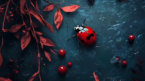 Ladybird on teal impasto ground with red foliage accents.