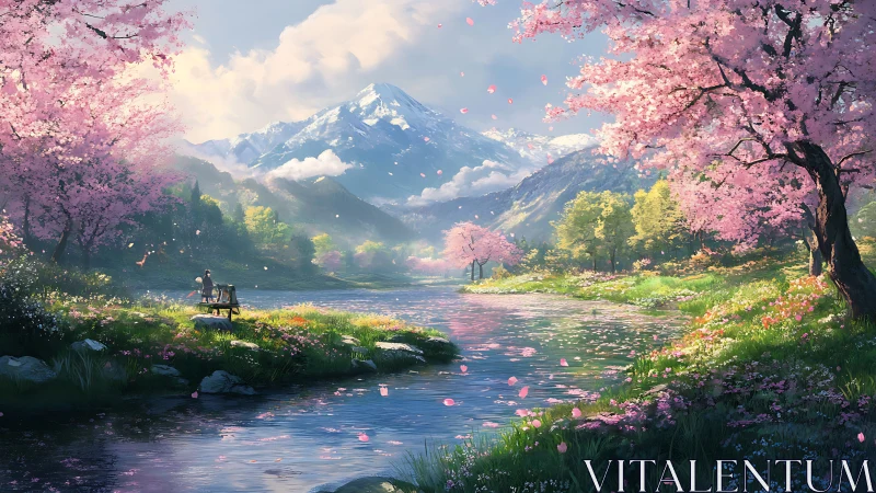 Digital painting of alpine river under spring blossom canopy.