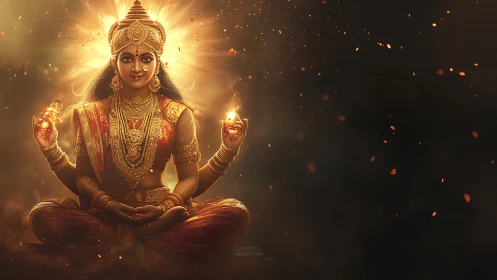 Radiant Hindu goddess manifests fire in symmetrical meditation