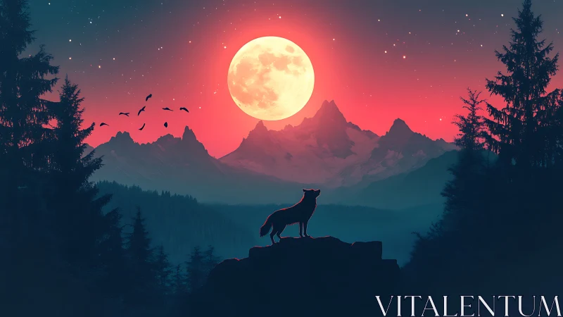Wolf silhouette under red night sky and full moon.