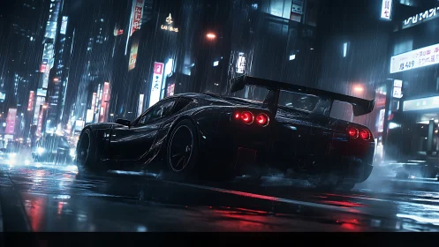 Nightstorm racer idles beneath neon-soaked city rain.