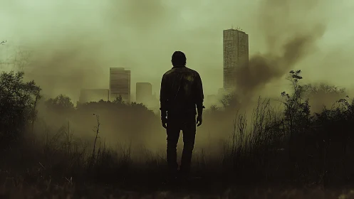 Lone dusk survivor stalking a ruined smog-soaked cityscape.