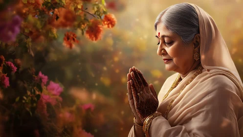 Elderly woman in serene prayer amid glowing garden light.