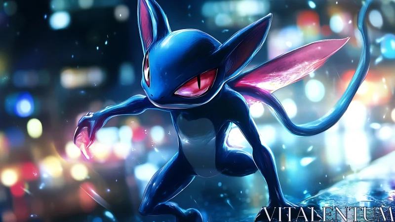 Neon-winged alley sprite stalks the rain glazed rooftops tonight