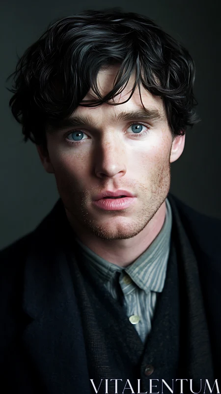 Moody young man in dark coat under soft studio light.