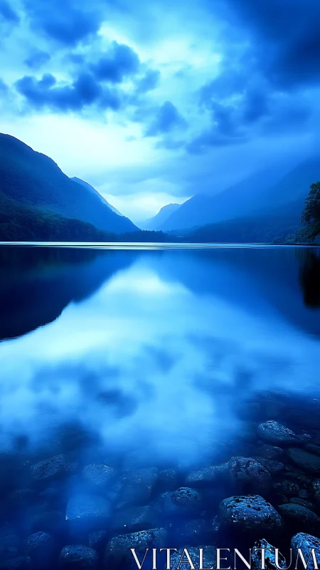 Midnight lake mirrors wandering mountains in blue hush