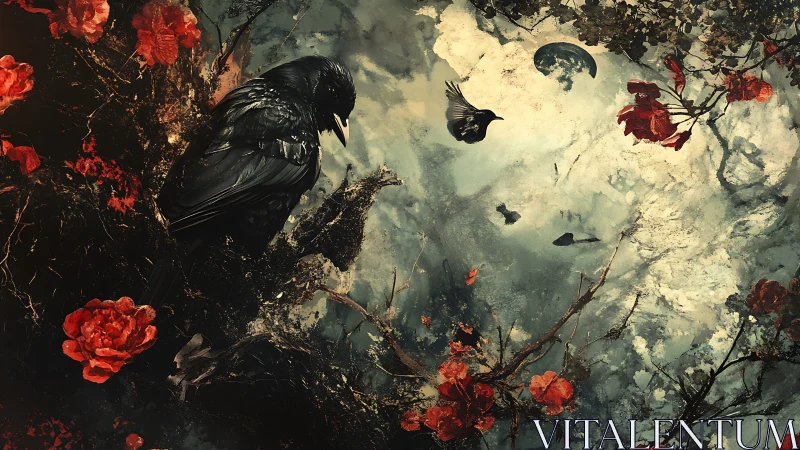 Midnight crows trade secrets among bloodred blossoms