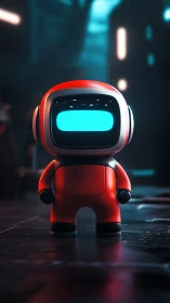 Red toy robot in futuristic neon lit urban alleyway.