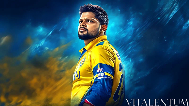 Cricket player posed in bold yellow kit against glowing sky.