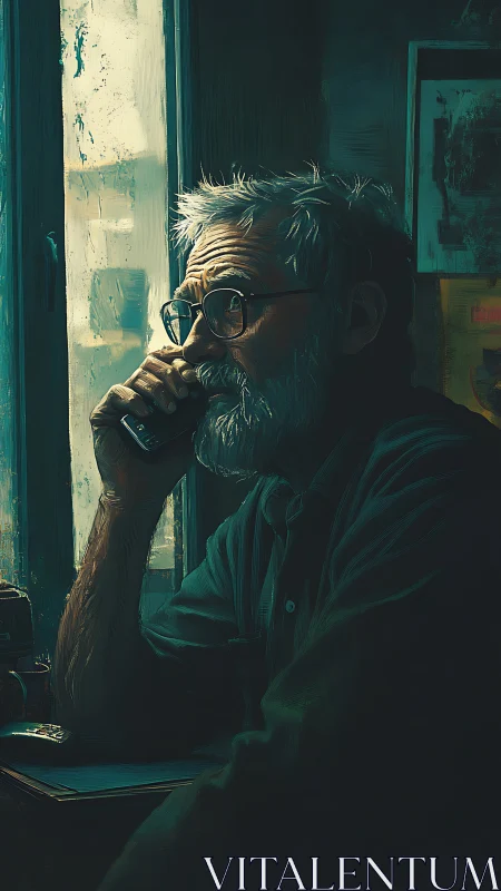Pensive elder at window in moody teal-gold digital portrait.