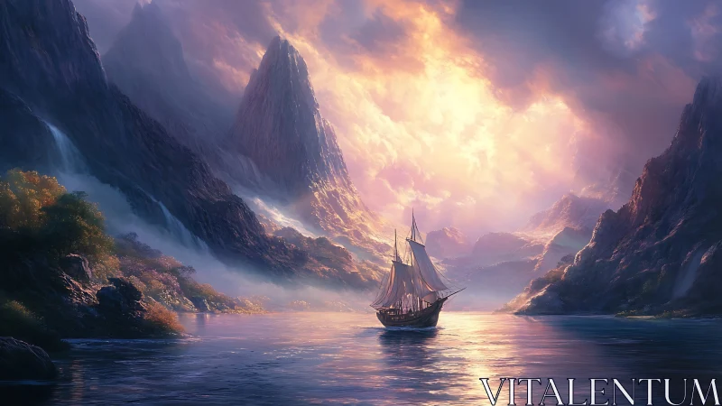 Sailing vessel on calm water between steep coastal mountains.