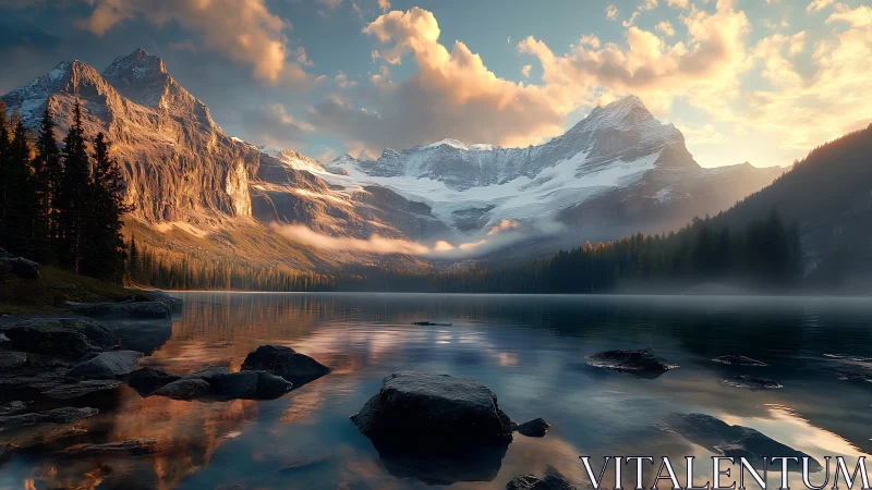 Mountain lake reflects snow peaks under low angled evening light