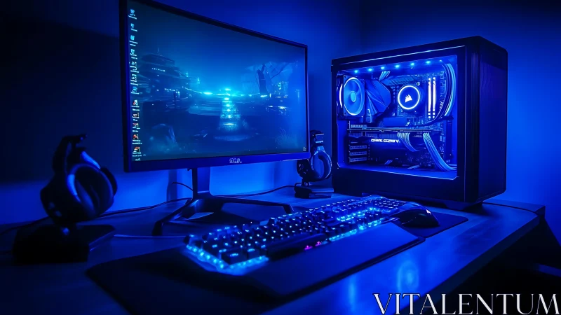 Desktop gaming workstation with blue LED lighting setup.