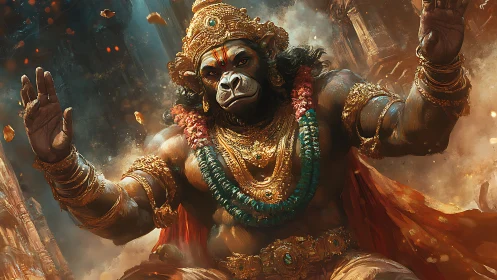 Divine warrior ape deity rises in blazing temple ruins