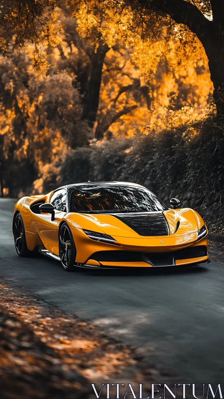 Photorealistic supercar on autumn woodland road, low-angle framing.