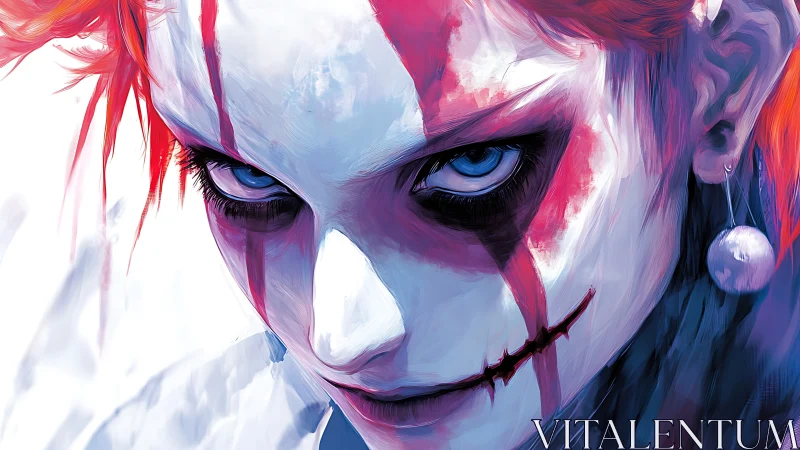 Pierrot revenant with razor smile and electric stare.