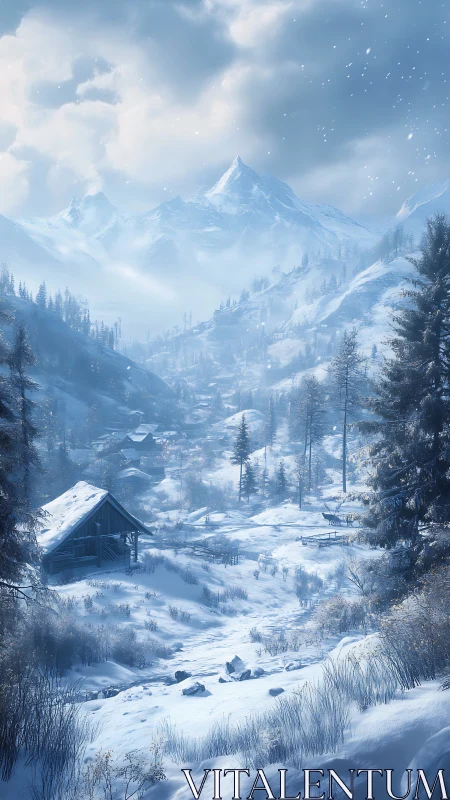 Snowy alpine valley with cabin under distant mountain peaks.