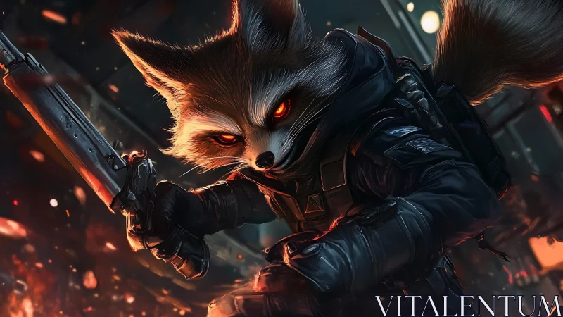 Armed cyber raccoon crouches in burning futuristic corridor