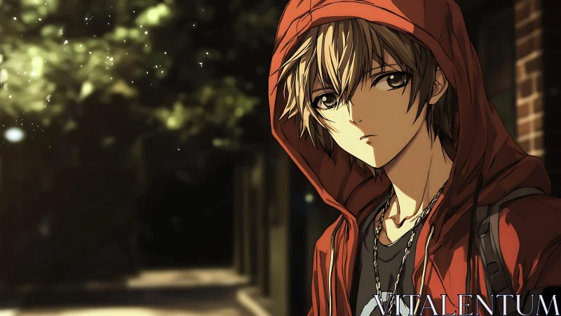 Teen boy in red hoodie stands outdoors at dusk, looking pensive
