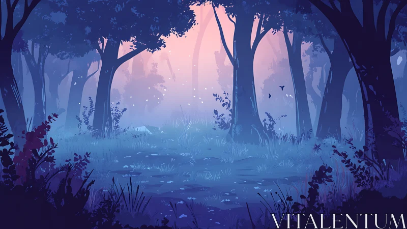 Misty Forest Clearing at Dawn with Atmospheric Layering