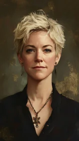 Short haired woman portrait rendered in detailed oil painting