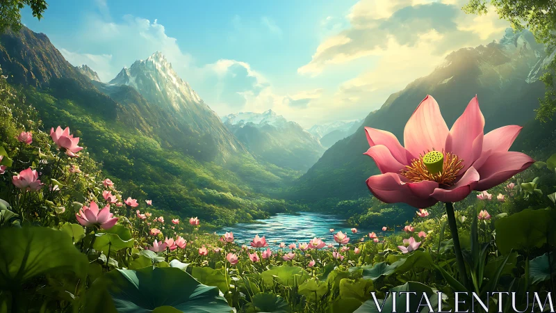 Wide depth-of-field lotus valley framed by snowcapped mountains