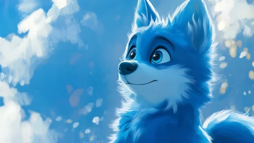 Blue cartoon fox character against soft sky background.