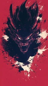 Ferocious ink-splatter demon head on crimson negative field