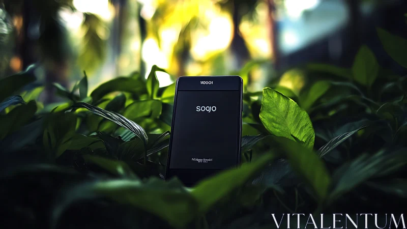 Smartphone quietly resting among lush green leaves.