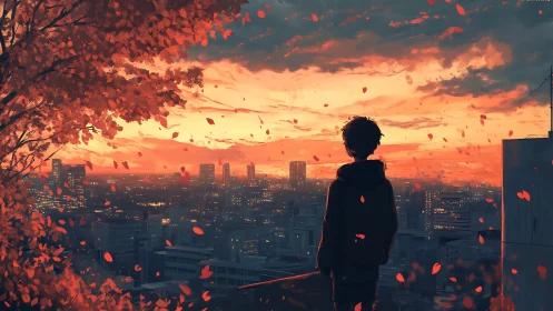Solitary dreamer under ember skies above autumn city.