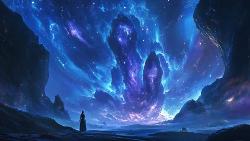 Cosmic Wanderer Under Luminous Nebula Skyscape Horizon