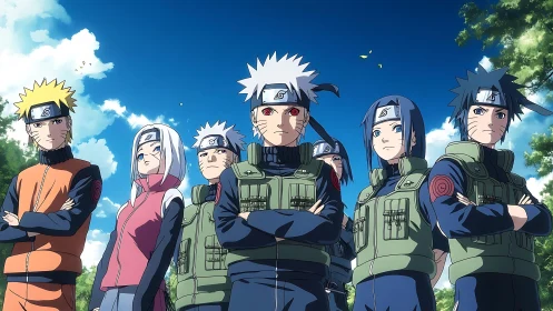 Anime ninja squad in low-angle ensemble under clear sky