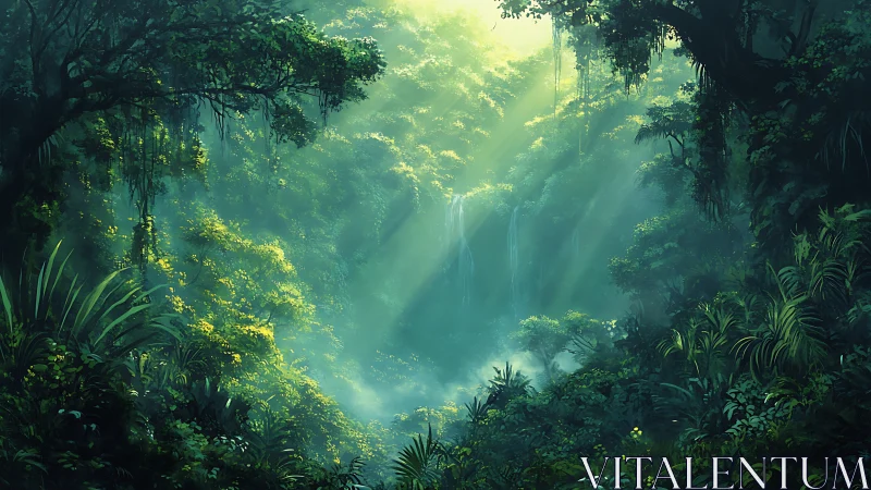 Dense tropical rainforest canopy with volumetric light rays through mist