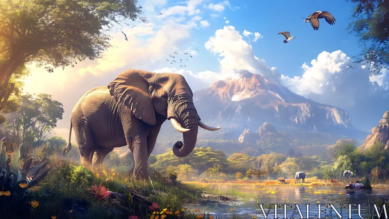 Majestic elephant wanders a serene sunlit savanna valley