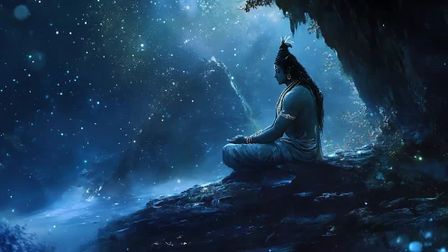 Starlit blue figure meditates calmly beneath a glowing sky