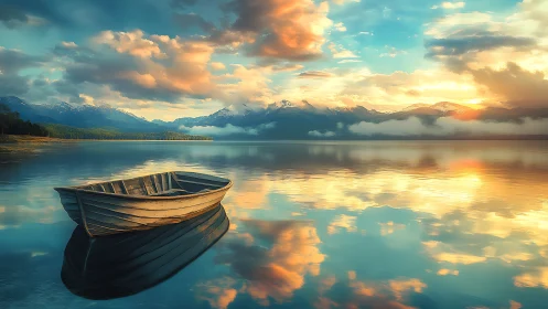 Sunlit wooden rowboat on mirrored alpine lake horizon.