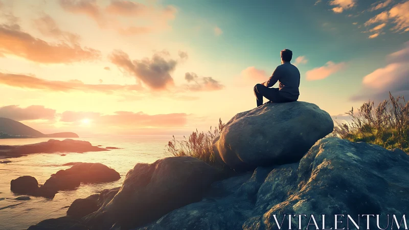 Coastal observer on basalt boulder under stratified sunset sky.