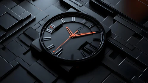 Modern black wall clock with orange hands on geometric 3D background.