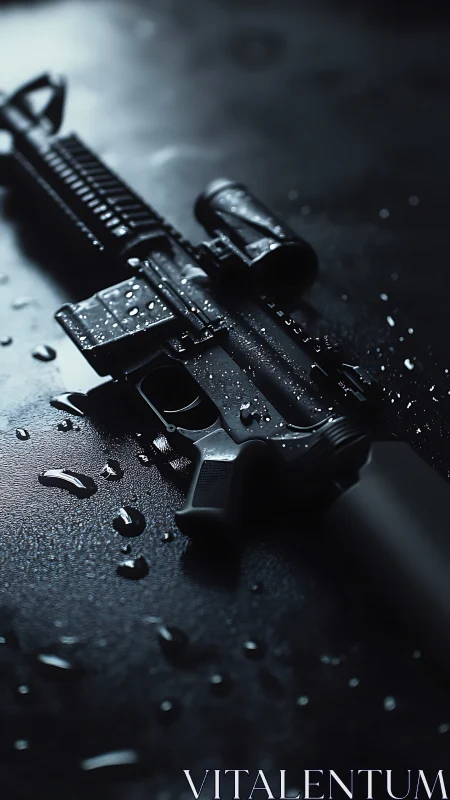 Photorealistic wet tactical rifle in dramatic low key lighting.