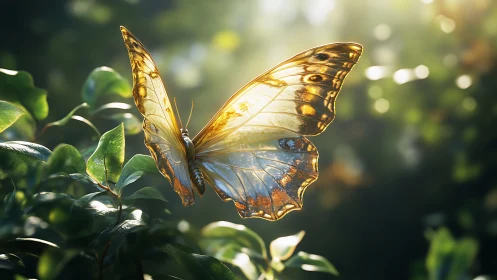 Golden butterfly resting softly in a sunlit garden glow.