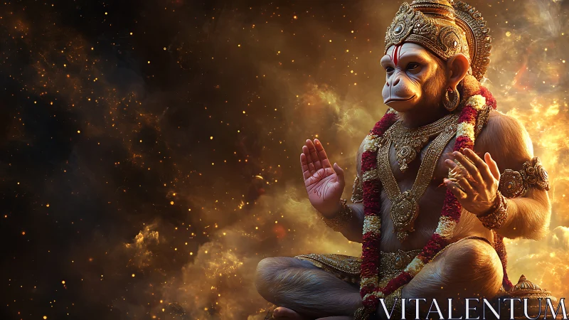 Serene monkey deity meditates in glowing cosmic fire