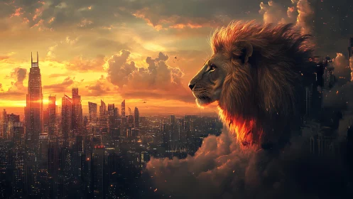Sunset guardian lion watching over a dreaming cityscape.