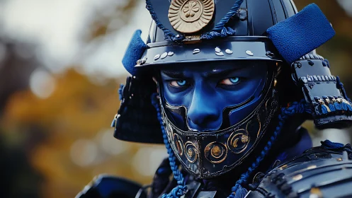 Blue-faced samurai warrior glares through ornate armor.