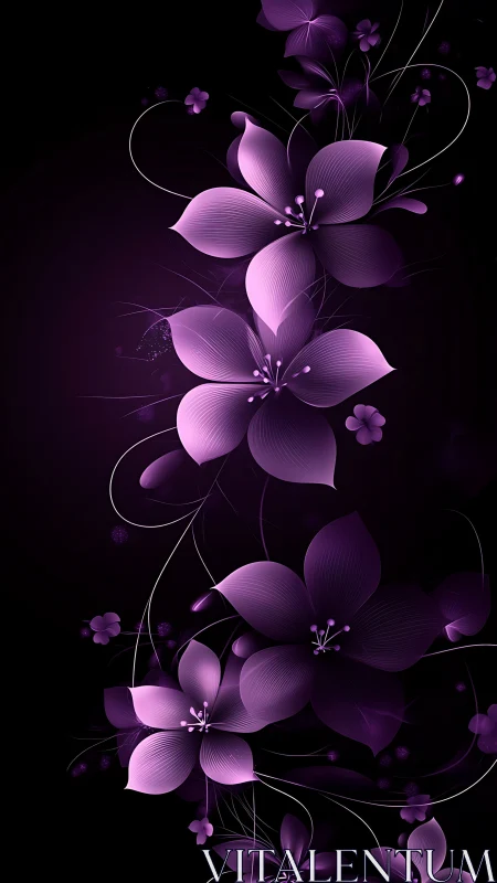 Purple Neon Flowers on Black Background.