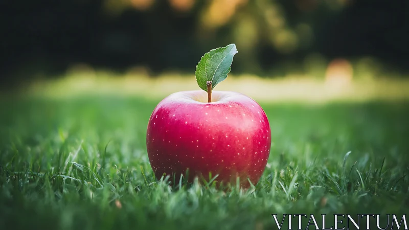 Red apple macro on grass with shallow depth of field focus.