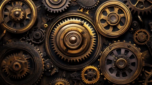 Steampunk brass clockwork gears interlock in intricate motion.