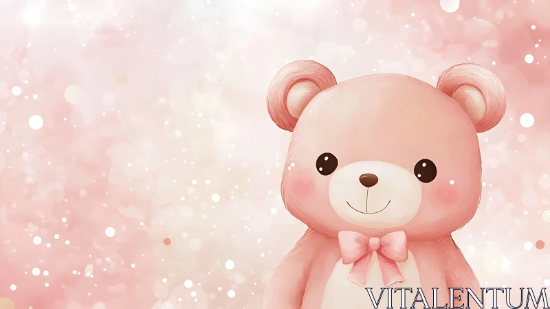Pink cartoon teddy bear illustration on soft bokeh background.