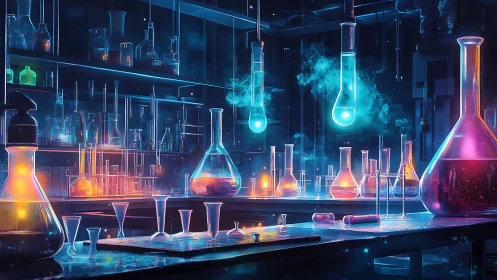 Neon chem lab with glowing flasks in cinematic low key light.